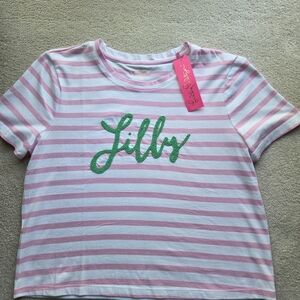 Lilly Pulitzer Pink And White Striped Shirt With Green Beaded Script